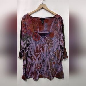 Equation Floral Square Neck Blouse Womens 2X Purple Artsy Boho Retro Grunge